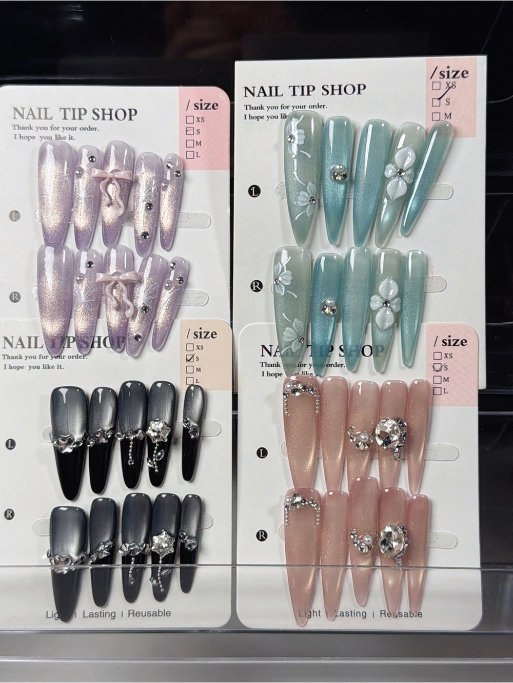 Press-On Nail Set — Green Floral / Pink / Silver Accent